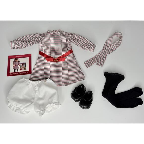 American Girl Samantha Meet Outfit Doll Dress Tights Shoes Bloomers Ribbon Vtg - Picture 4 of 12
